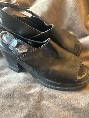 Harley-Davidson Black Leather Peep-Toe Slingback Platform Clogs